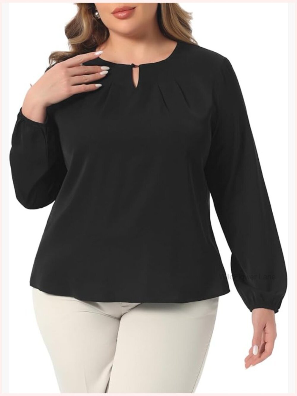 Plus Size Crew Neck Pleated Keyhole Long Sleeve Chiffon Work Blouse